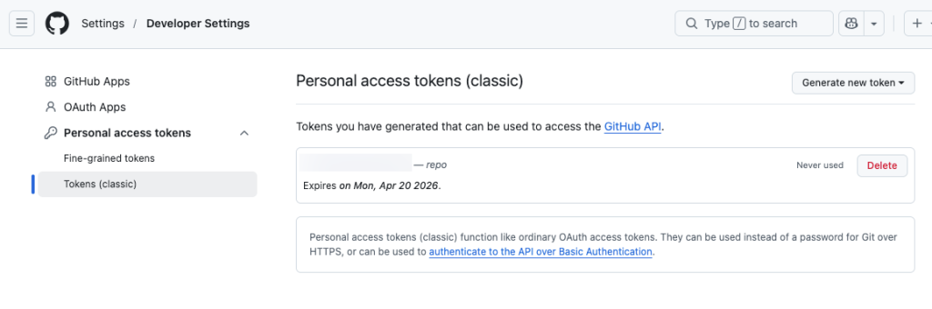 1. Githubでアクセス用トークンを生成する