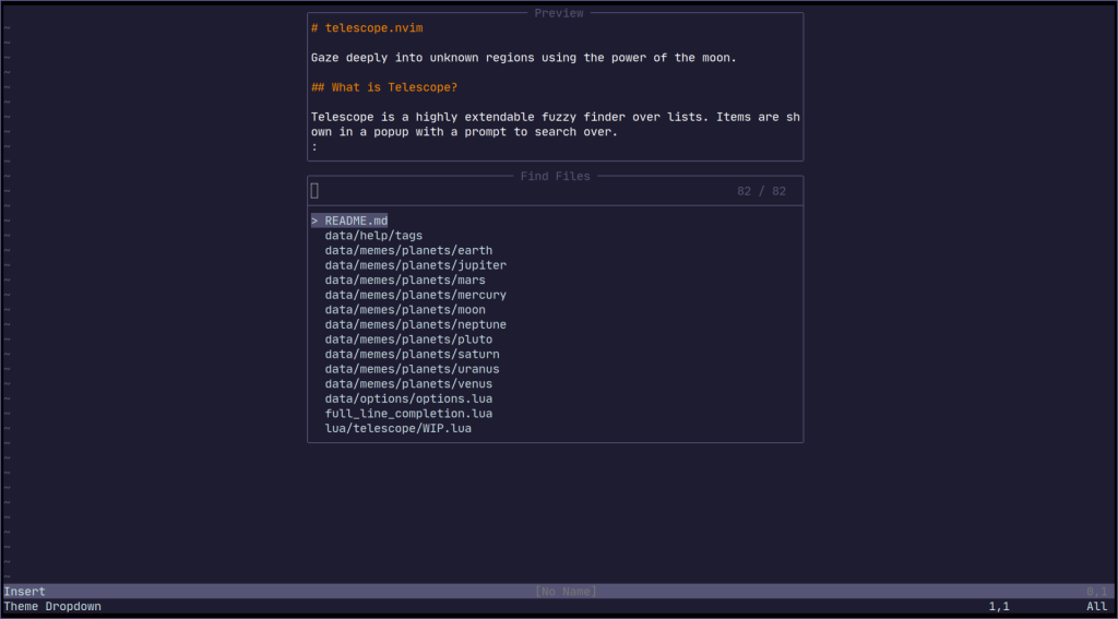 nvim-telescope/telescope.nvim: Find, Filter, Preview, Pick. All lua, all the time.