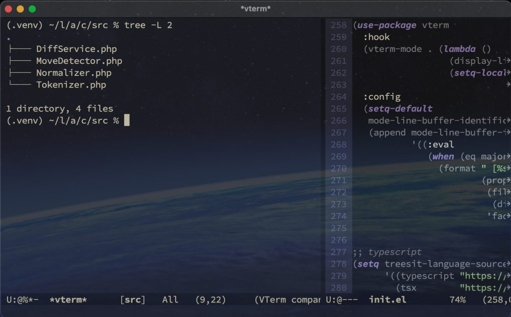 <svg class="eyecatch-svg" viewBox="0 0 192 192" xmlns="http://www.w3.org/2000/svg">
<!-- 背景 -->
<rect width="192" height="192" fill="white" rx="32" ry="32"/>
<!-- ターミナルウィンドウ -->
<g transform="translate(24, 36)">
<!-- ウィンドウ枠 -->
<rect width="144" height="120" fill="#263238" rx="6" ry="6"/>
<!-- ウィンドウヘッダー -->
<rect width="144" height="24" fill="#37474F" rx="6" ry="6"/>
<rect y="24" width="144" height="6" fill="#37474F"/>
<!-- ウィンドウコントロールボタン -->
<circle cx="12" cy="12" r="4" fill="#F44336"/>
<circle cx="24" cy="12" r="4" fill="#FF9800"/>
<circle cx="36" cy="12" r="4" fill="#4CAF50"/>
<!-- プロンプト記号 -->
<text x="12" y="50" fill="#4CAF50" font-family="monospace" font-size="16" font-weight="bold">$</text>
<!-- カレントディレクトリパス -->
<text x="24" y="50" fill="#E0E0E0" font-family="monospace" font-size="12">~/projects</text>
<!-- フォルダアイコン(中央下) -->
<g transform="translate(48, 70)">
<path d="M 0 8 L 0 40 L 48 40 L 48 8 L 20 8 L 16 4 L 0 4 Z" fill="#2196F3" stroke="#1976D2" stroke-width="2" stroke-linejoin="round"/>
<rect x="0" y="8" width="48" height="4" fill="#1976D2"/>
</g>
</g>
<!-- 追跡を示す矢印 -->
<g transform="translate(140, 100)">
<path d="M 0 0 L 20 0 L 20 -8 L 32 8 L 20 24 L 20 16 L 0 16 Z" fill="#FF9800" stroke="none"/>
</g>
</svg>Emacsのvtermでカレントディレクトリを<br class="chiilabo-br is-on">追跡してmode-lineに表示する<br class="chiilabo-br is-on">(directory tracking)